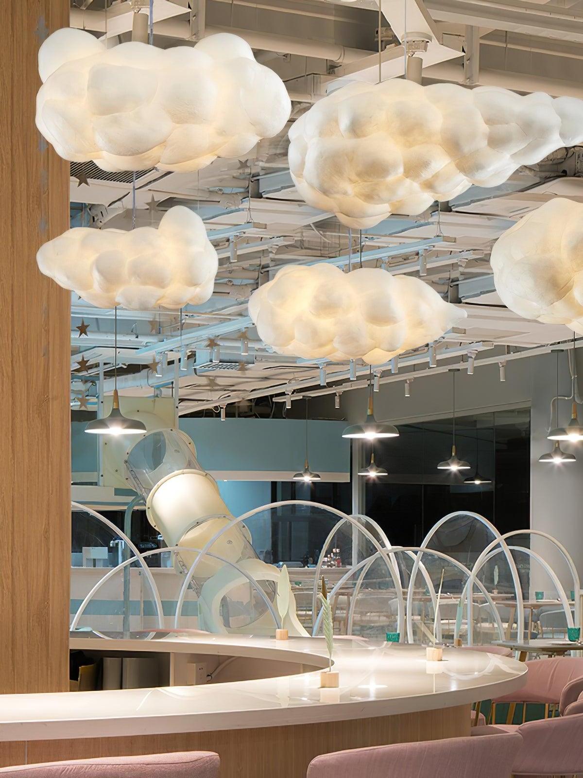 Several cloud-shaped lights in a large interior display