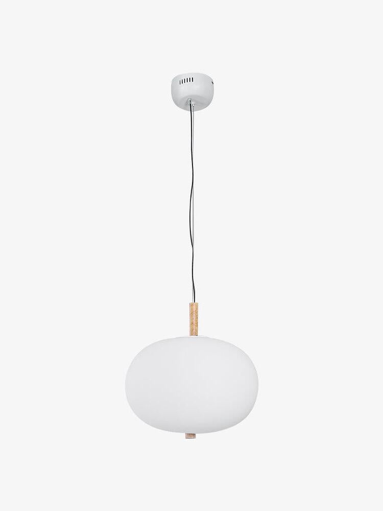Single flattened white glass globe on a wood-tone stem beneath a round canopy