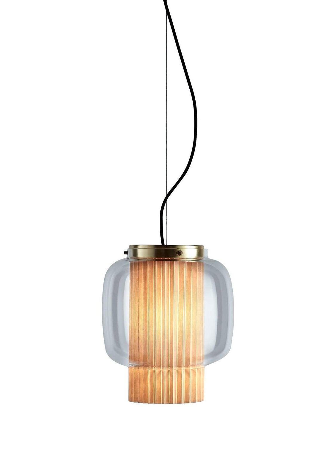 Smaller Gold and clear-glass Manila T pendant with a glowing pleated fabric diffuser and black cable