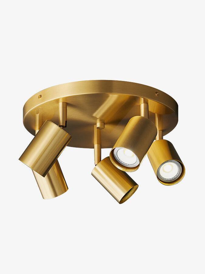 Brass five-head GU10 ceiling spotlight on round plate