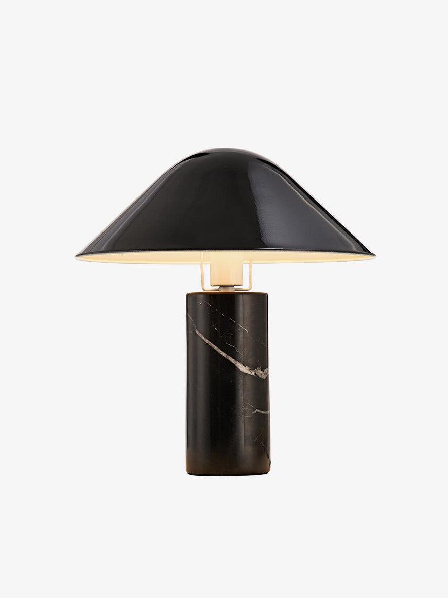 Black cone-shade table lamp with dark veined marble base