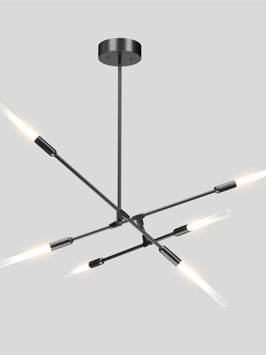 Black Dawn chandelier with crossing slender arms and white tubular light covers