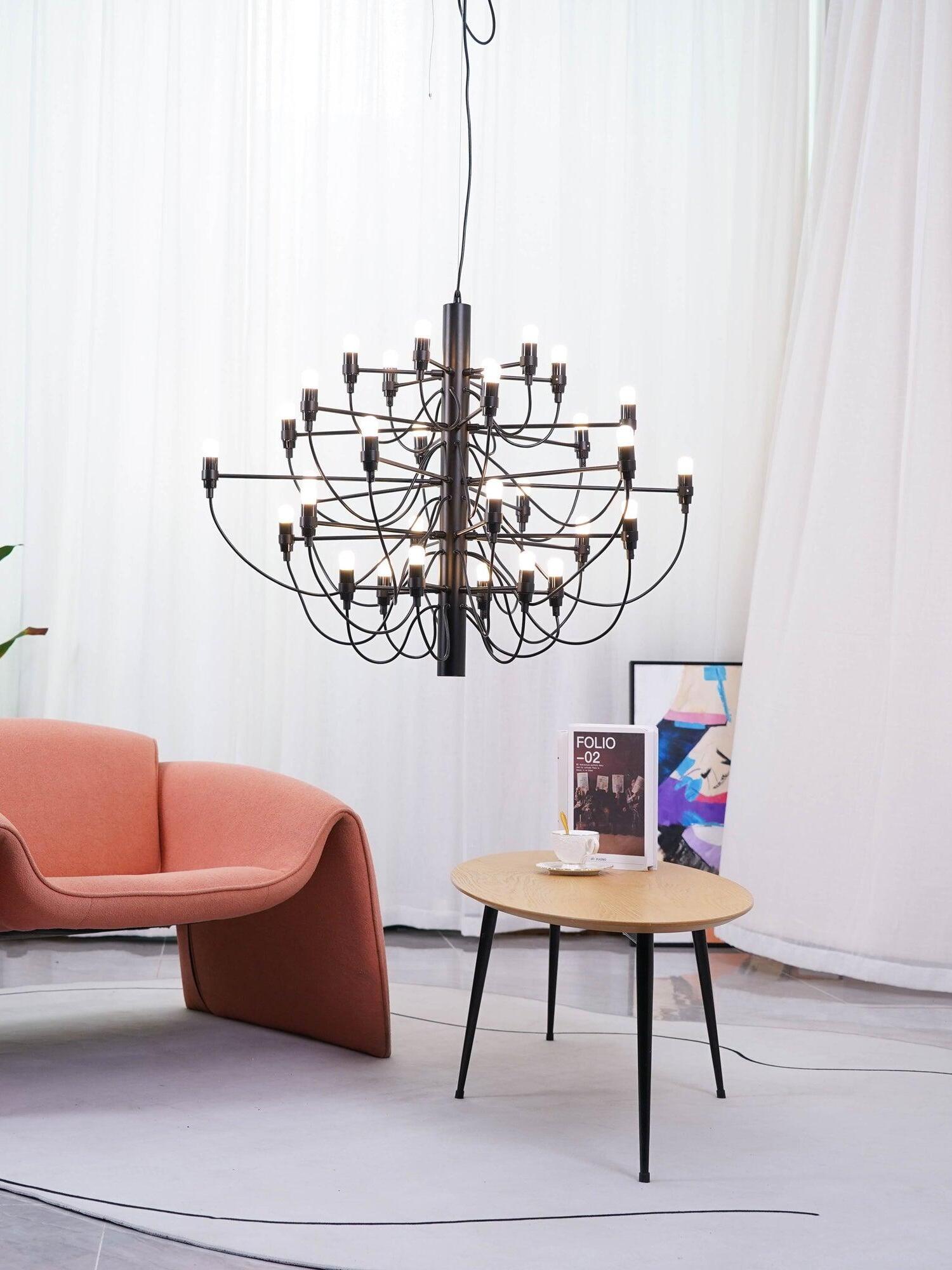 Looped-wire chandelier in a bright lounge