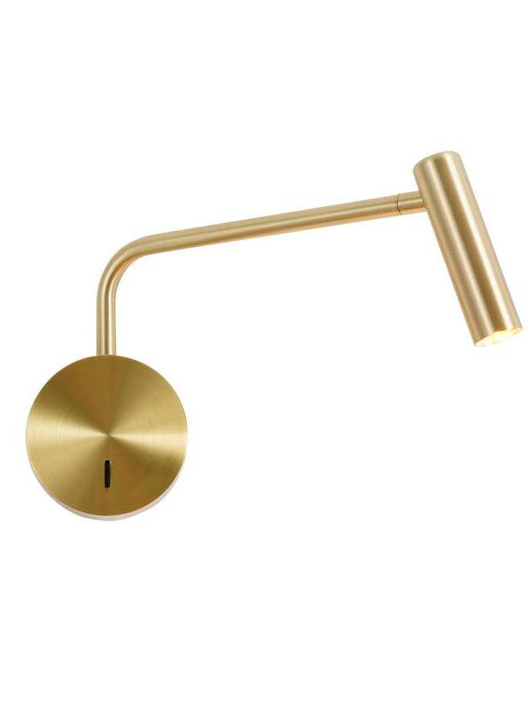 Gold-coloured reading wall light with a round switched plate and angled cylindrical head