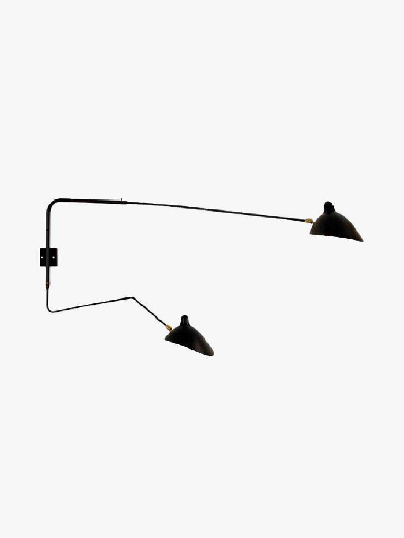 Black two-head wall light on white with a rectangular mounting plate, long upper arm and shorter angled lower arm