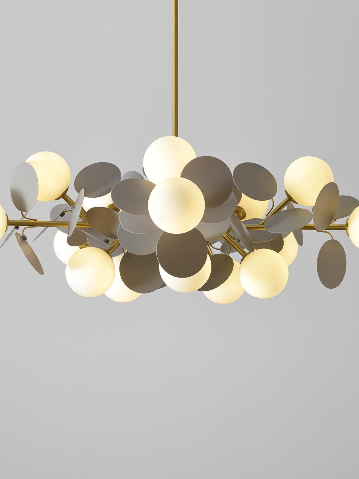 Grey decorative discs among glowing White globes