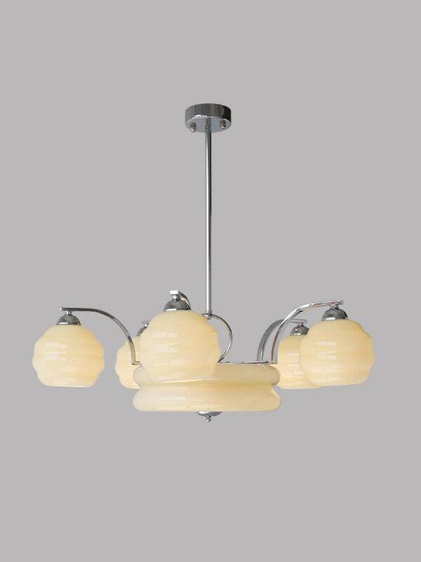 70 cm chrome-finish chandelier with beige glass shades around a broad central bowl