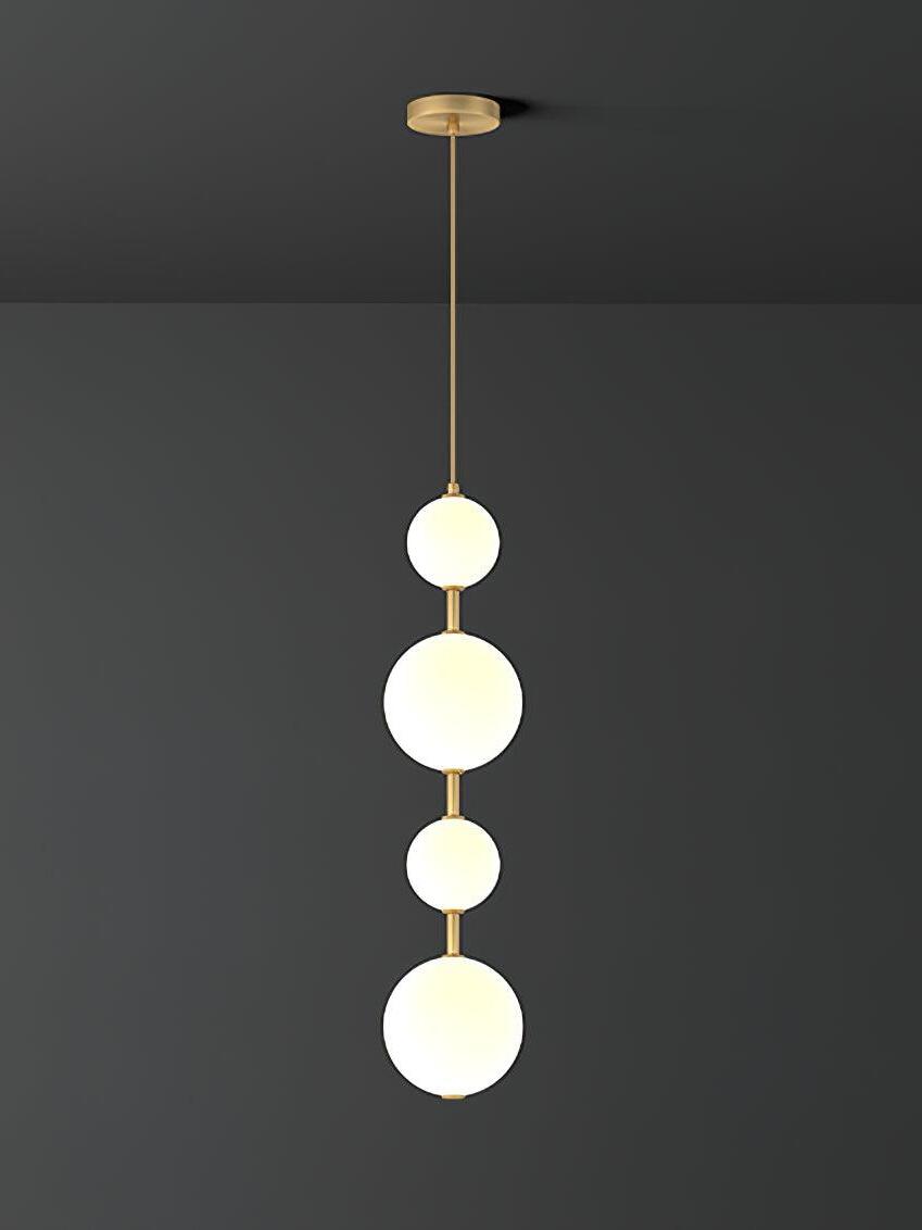 65 cm body-height option: four white globes, brass-tone links, round canopy and cord against gray