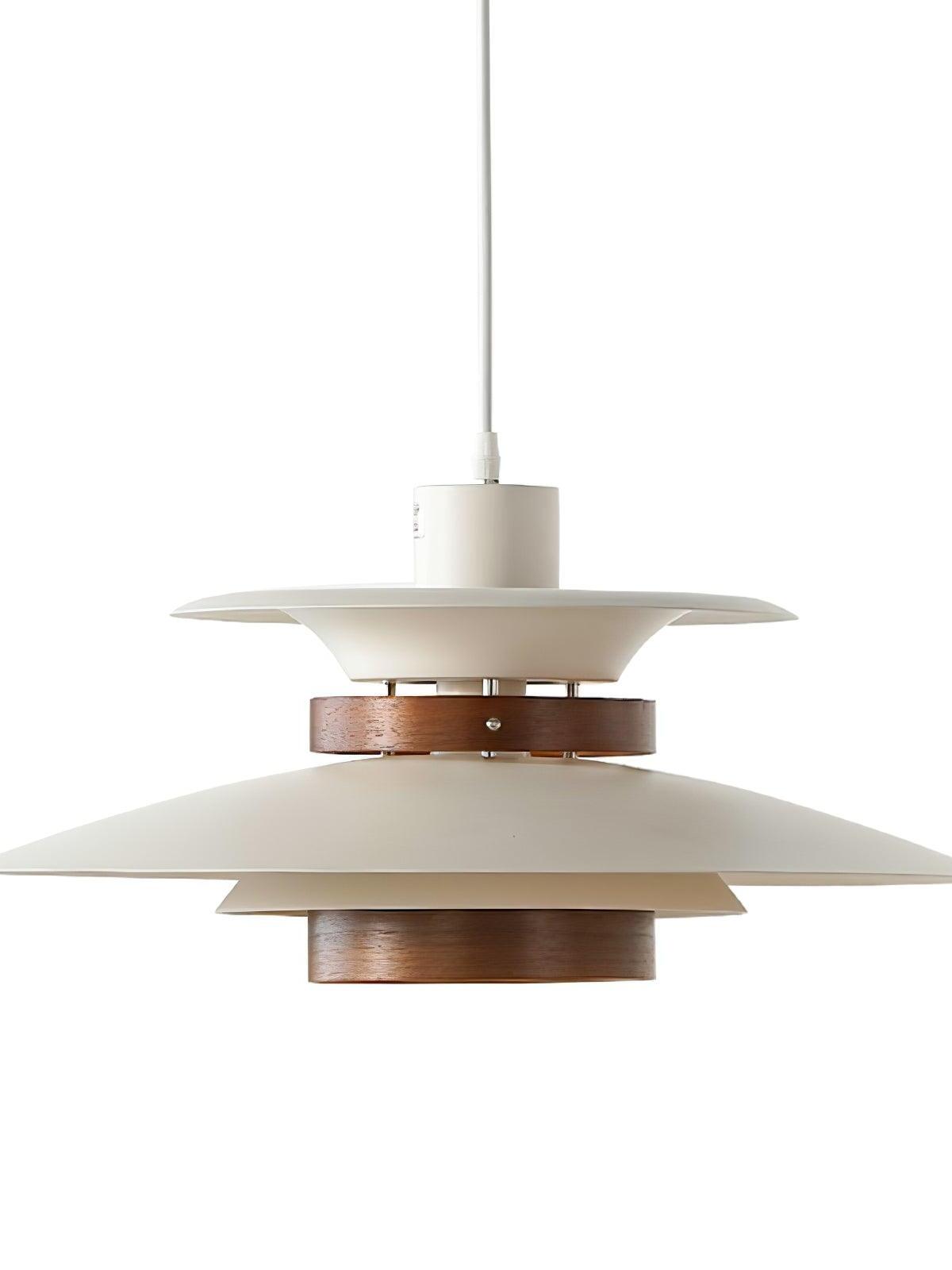 White flared shade layers separated by dark brown wood elements