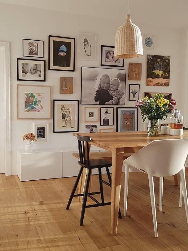 Woven pendant above a table and chairs