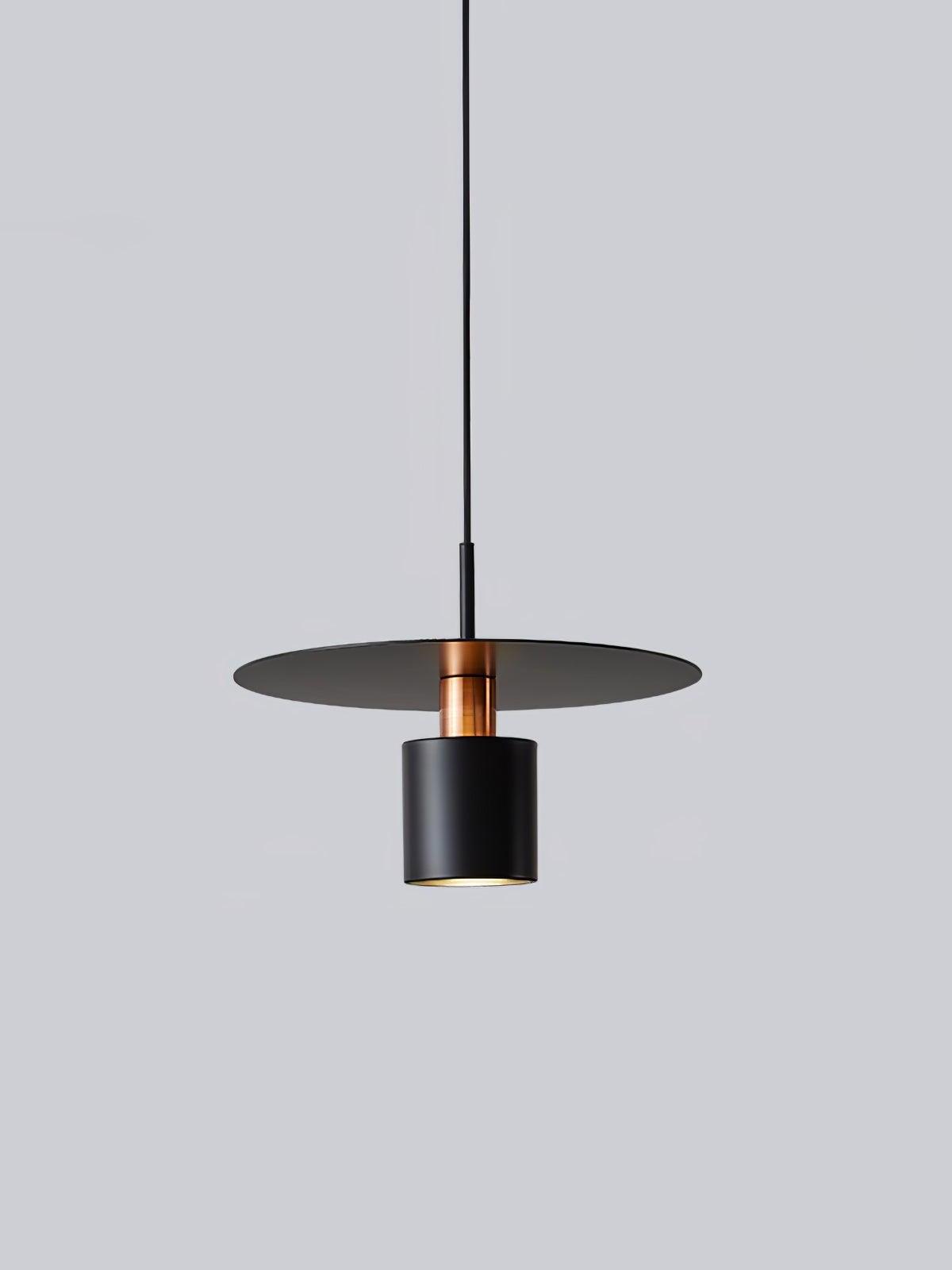 Black metal disc pendant with cylindrical shade