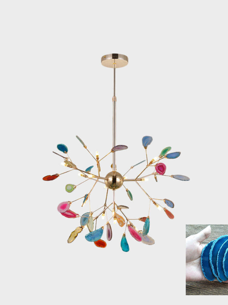 Multicoloured radial stone chandelier with a central gold-coloured ball and a blue stone sample inset