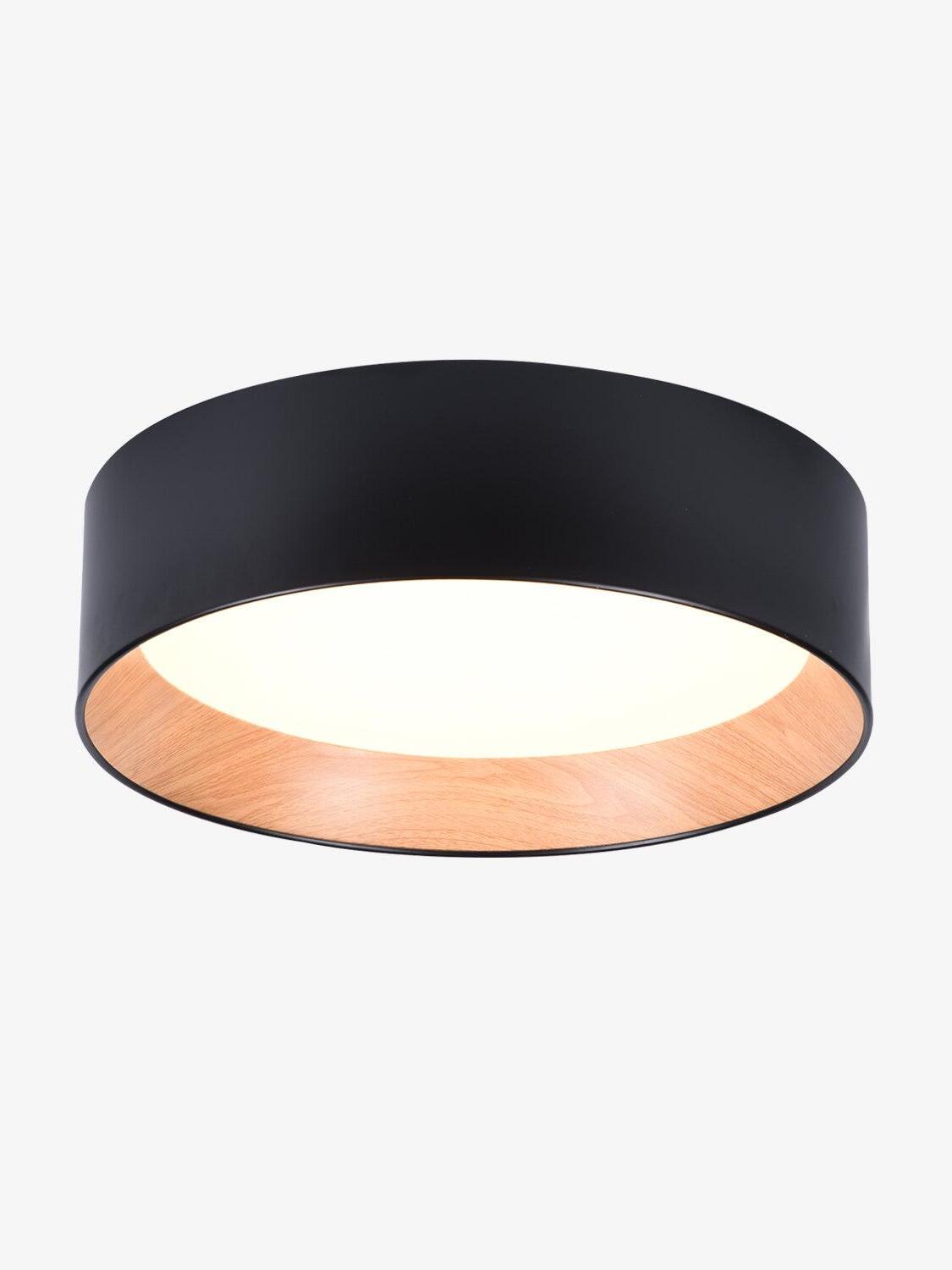Black round LED ceiling light with wood-look inner rim