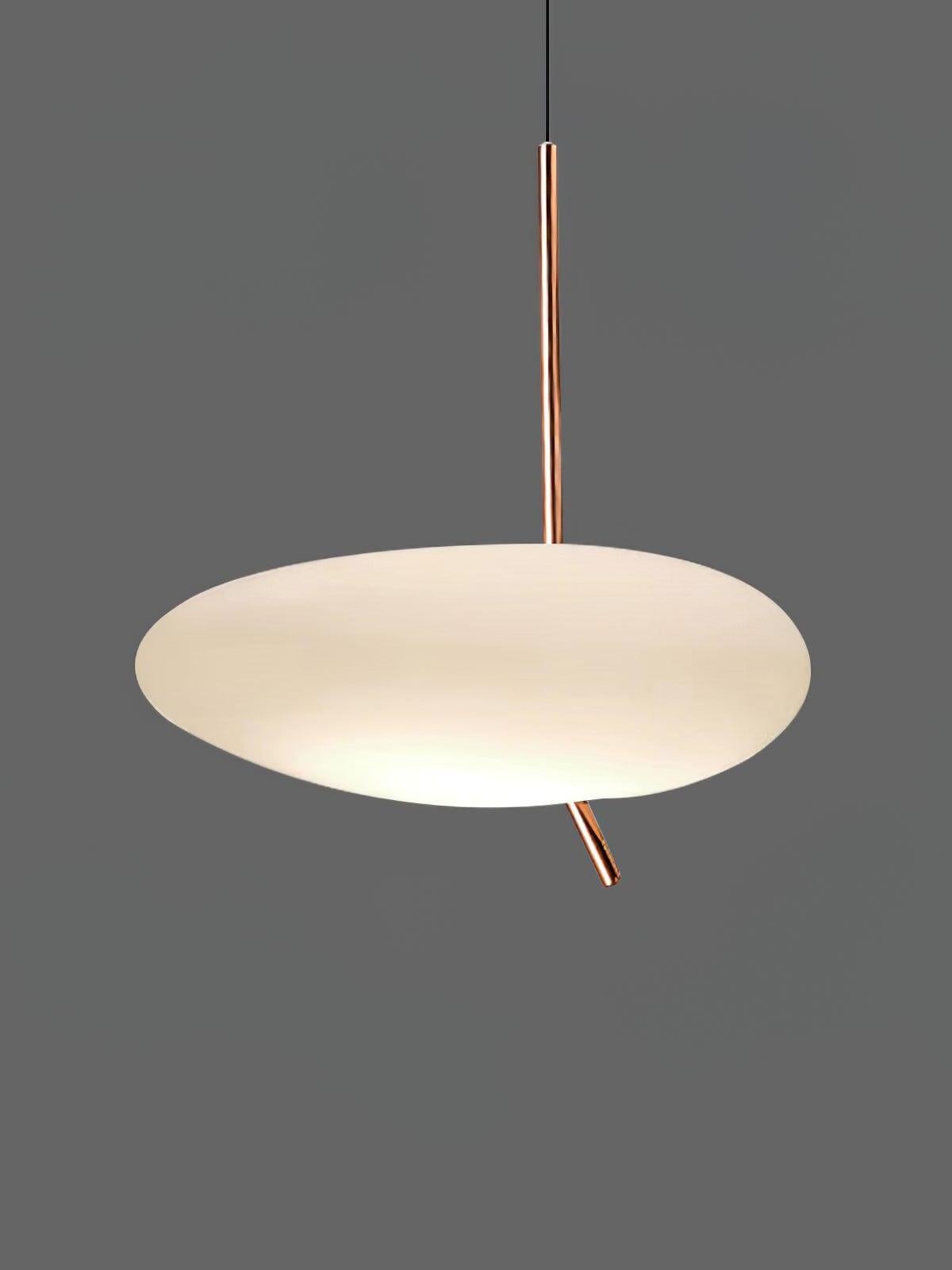 White flattened Pebbles shade with a rose-gold upper stem and angled lower projection on a gray background