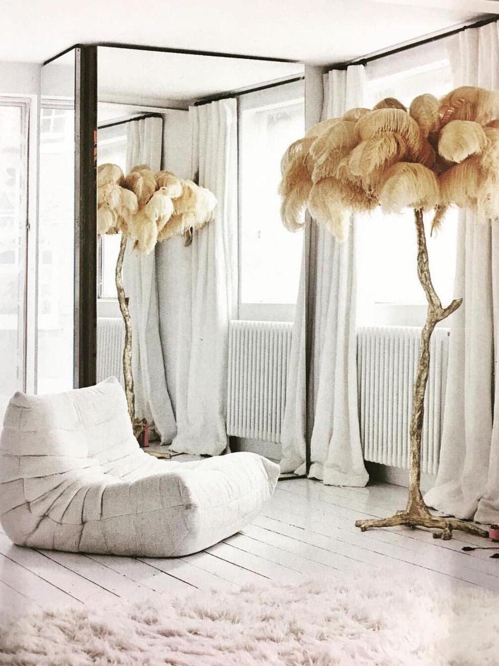 Art Deco Brass Ostrich Feather Floor Lamp - Cueteks