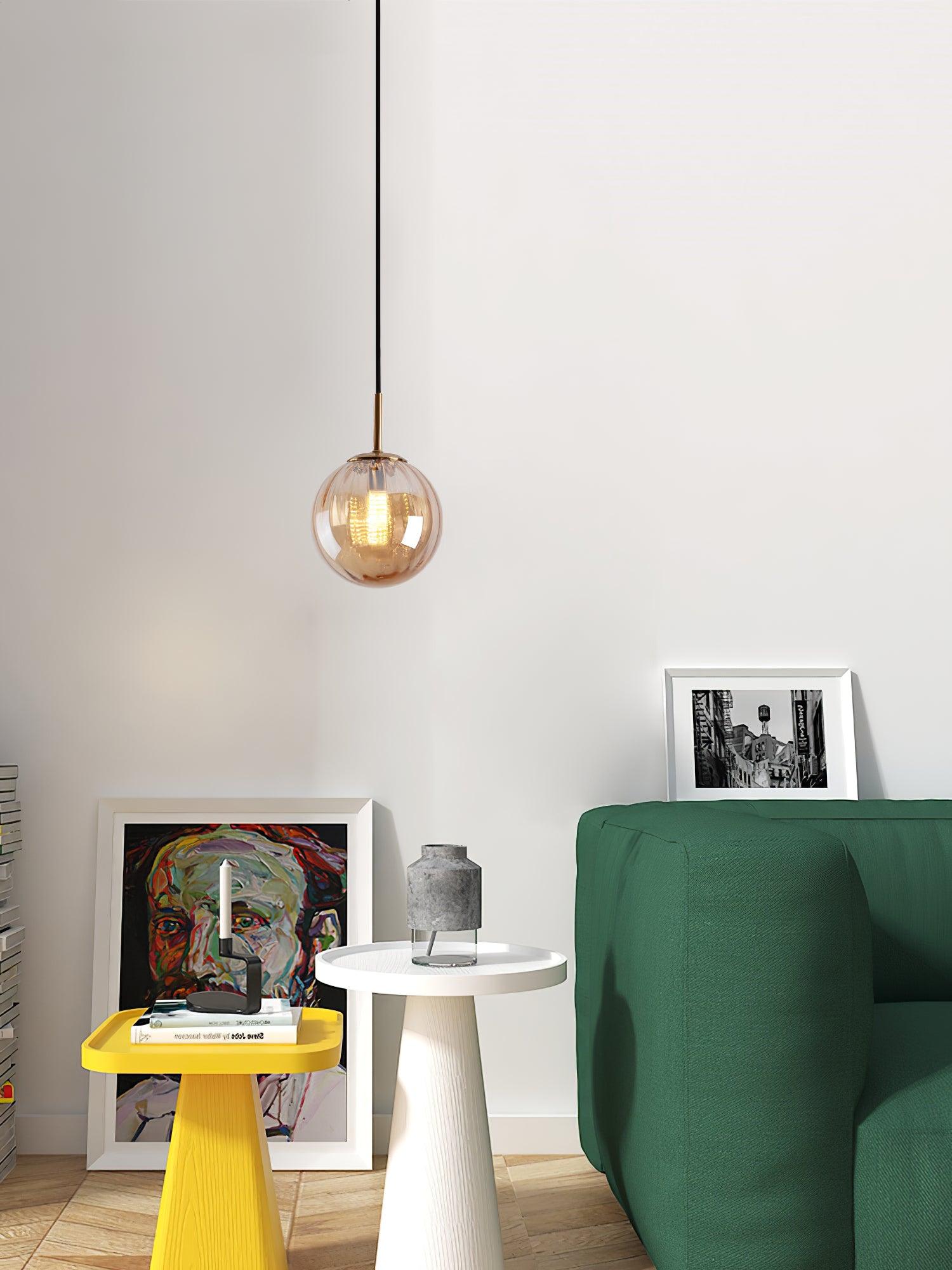 Light brown globe near an indoor seating area