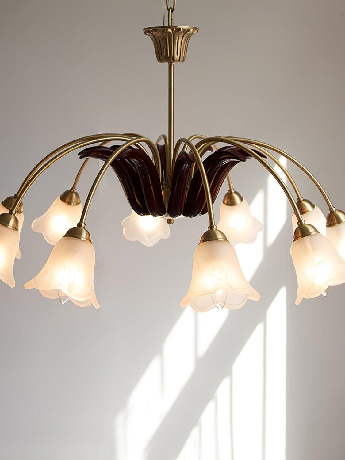 Ten-head brass chandelier with white flower shades