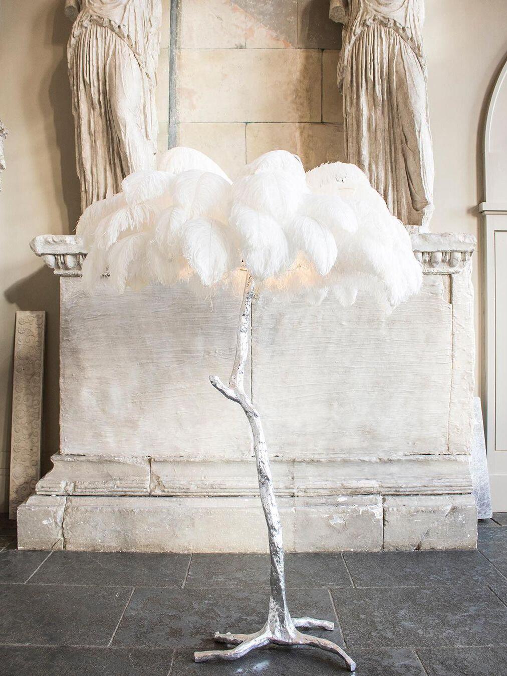 Art Deco Brass Ostrich Feather Floor Lamp - Cueteks