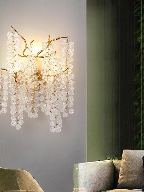 Illuminated Shiro Noda lamp beside a curtain