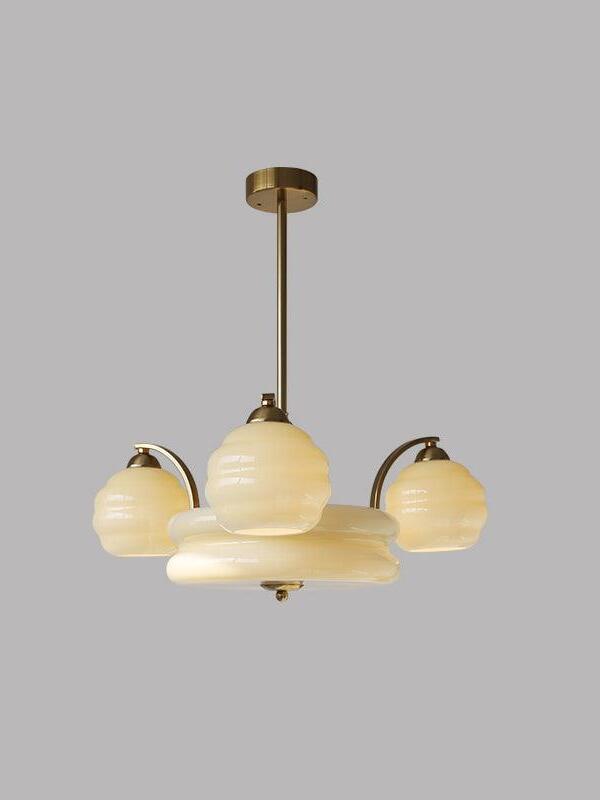 62 cm gold-finish chandelier with beige glass shades on curved arms