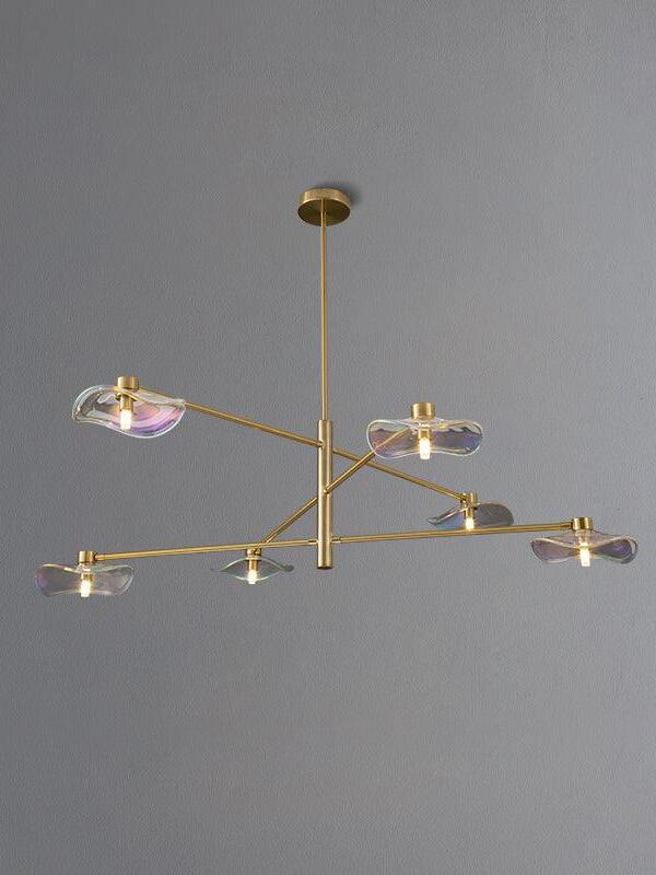 Gold six-light Calla chandelier with clear wavy glass and a matching ceiling canopy