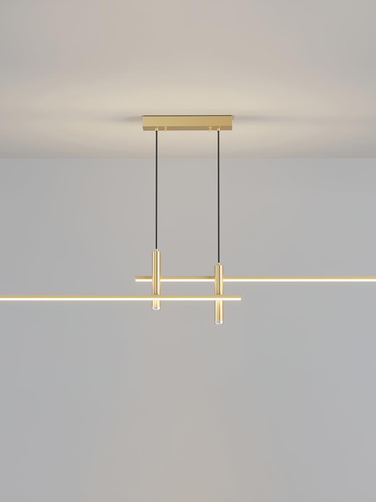 Gold Link pendant with two offset light bars and two cylindrical downlights