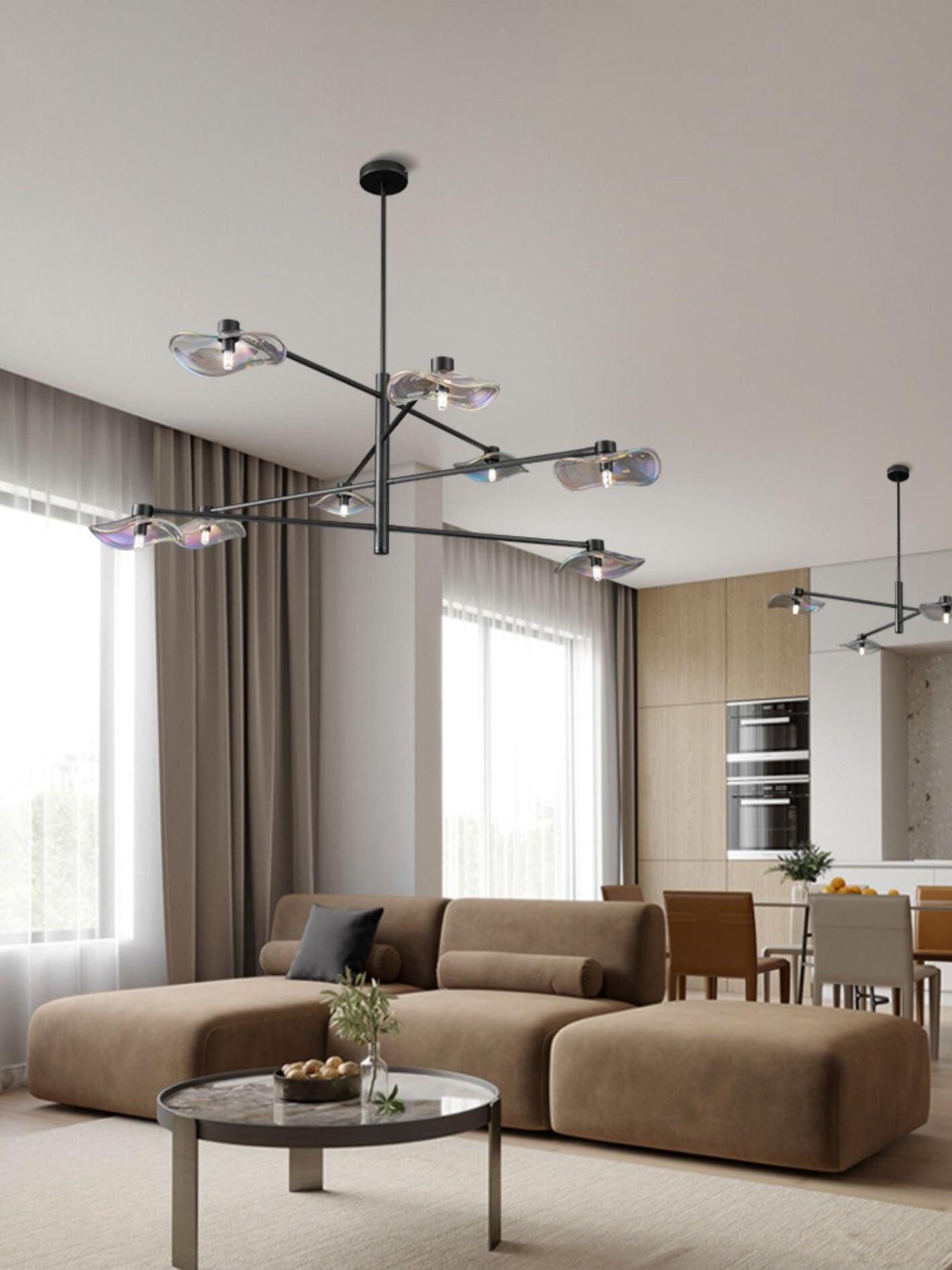 Black glass chandeliers in a bright lounge