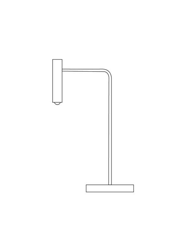 Uncoloured line drawing of bent-arm cylinder-head table lamp without dimension labels