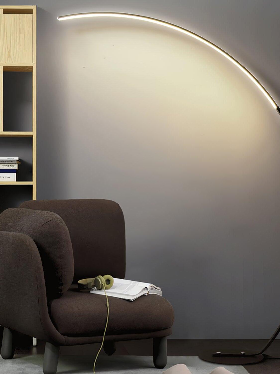 Black arc lamp beside dark sofa and shelf