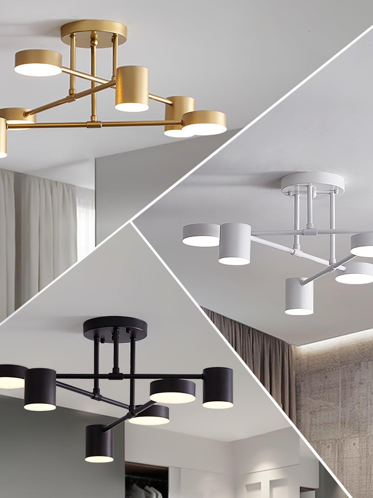 Three-panel collage of Gold, White and Black crossed-arm six-head ceiling lights in indoor settings