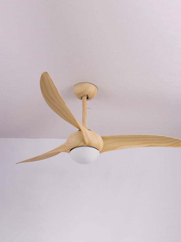 Pale woodgrain-looking curved blades around an unlit gray-white diffuser, with matching ceiling rod and canopy