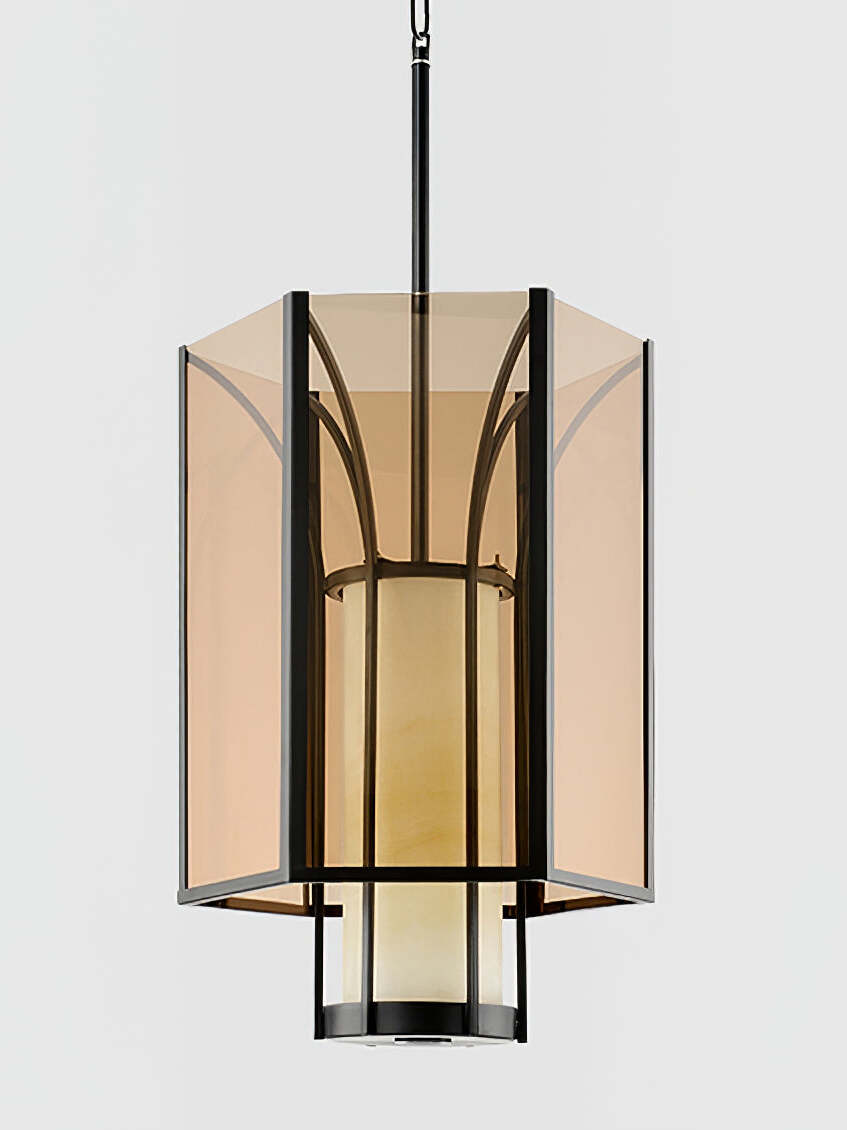 Unlit amber-glass lantern with curved black metal bars