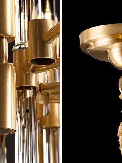 Vintage Antique Brass Stripe Crystal Chandelier - Cueteks