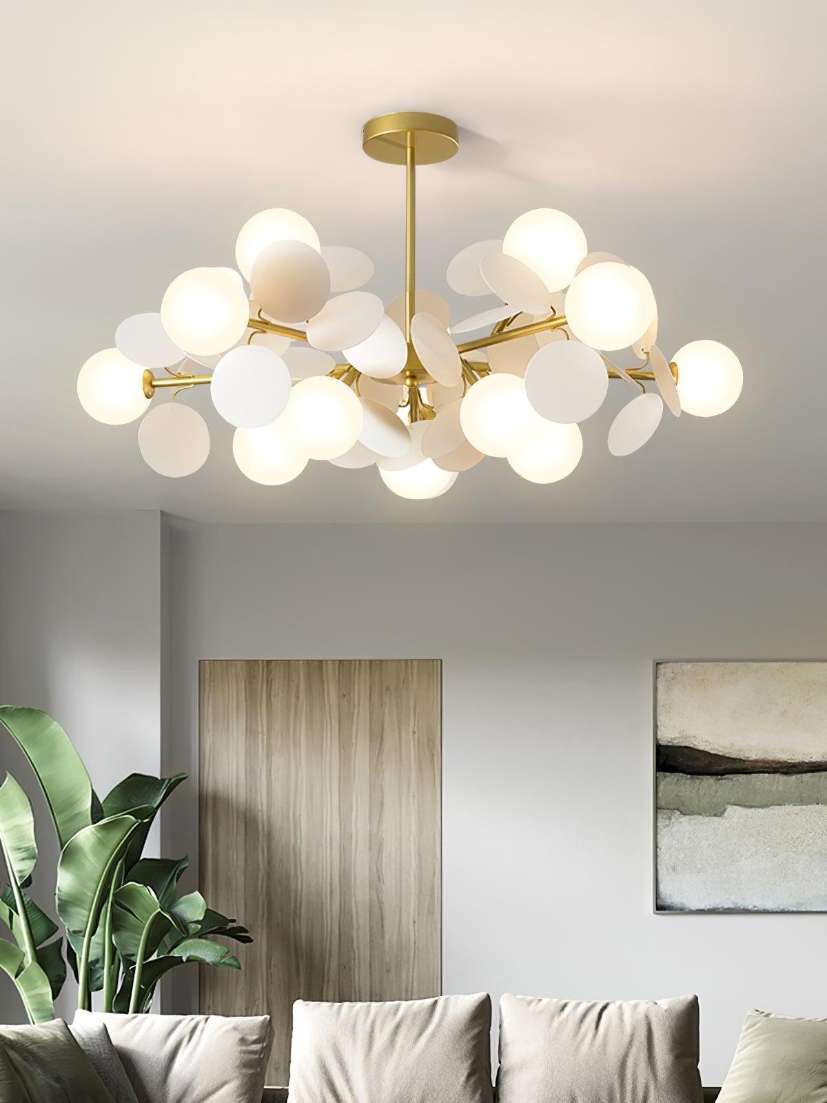Gold branching chandelier in a living room