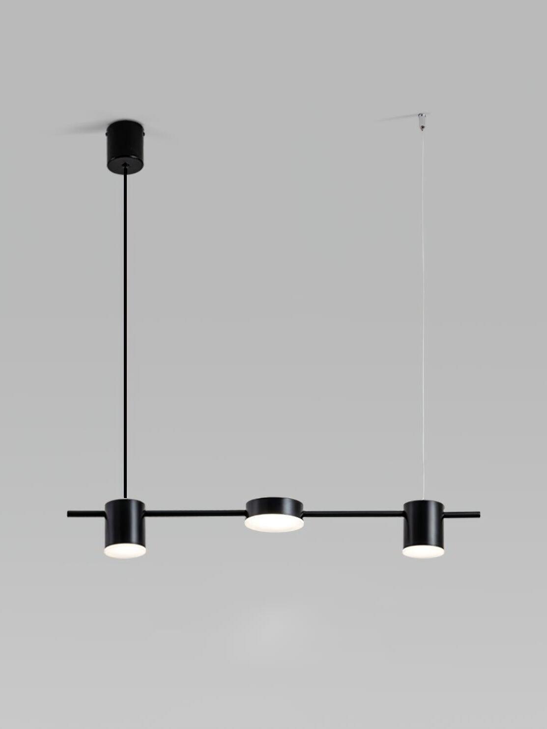 70 cm black linear pendant with two cylindrical lights and a central disc