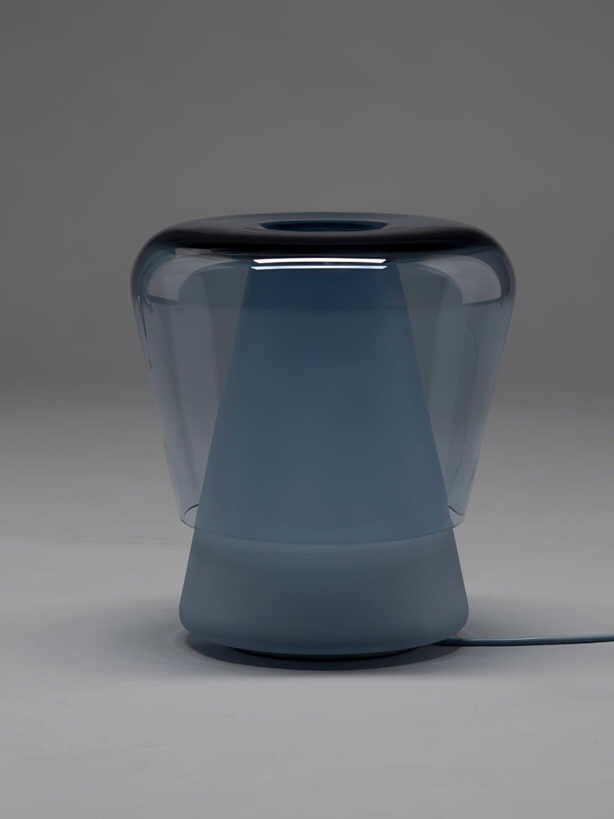 Unlit blue Jumelle glass lamp with narrower base