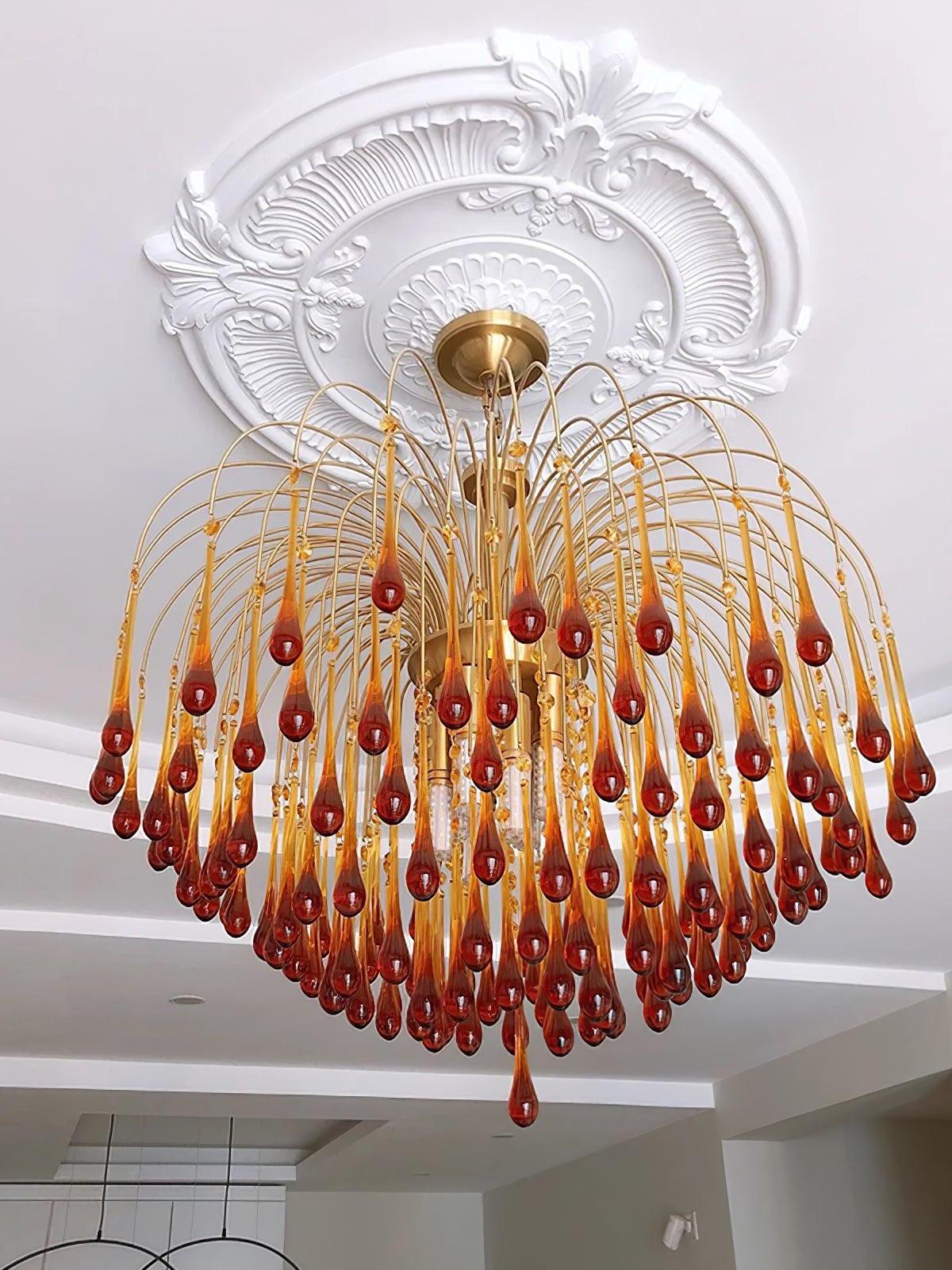 Large amber chandelier viewed upward