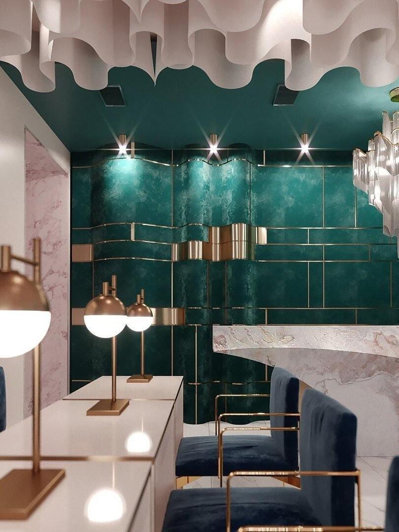 Chain-fringe lighting in a room with green walls