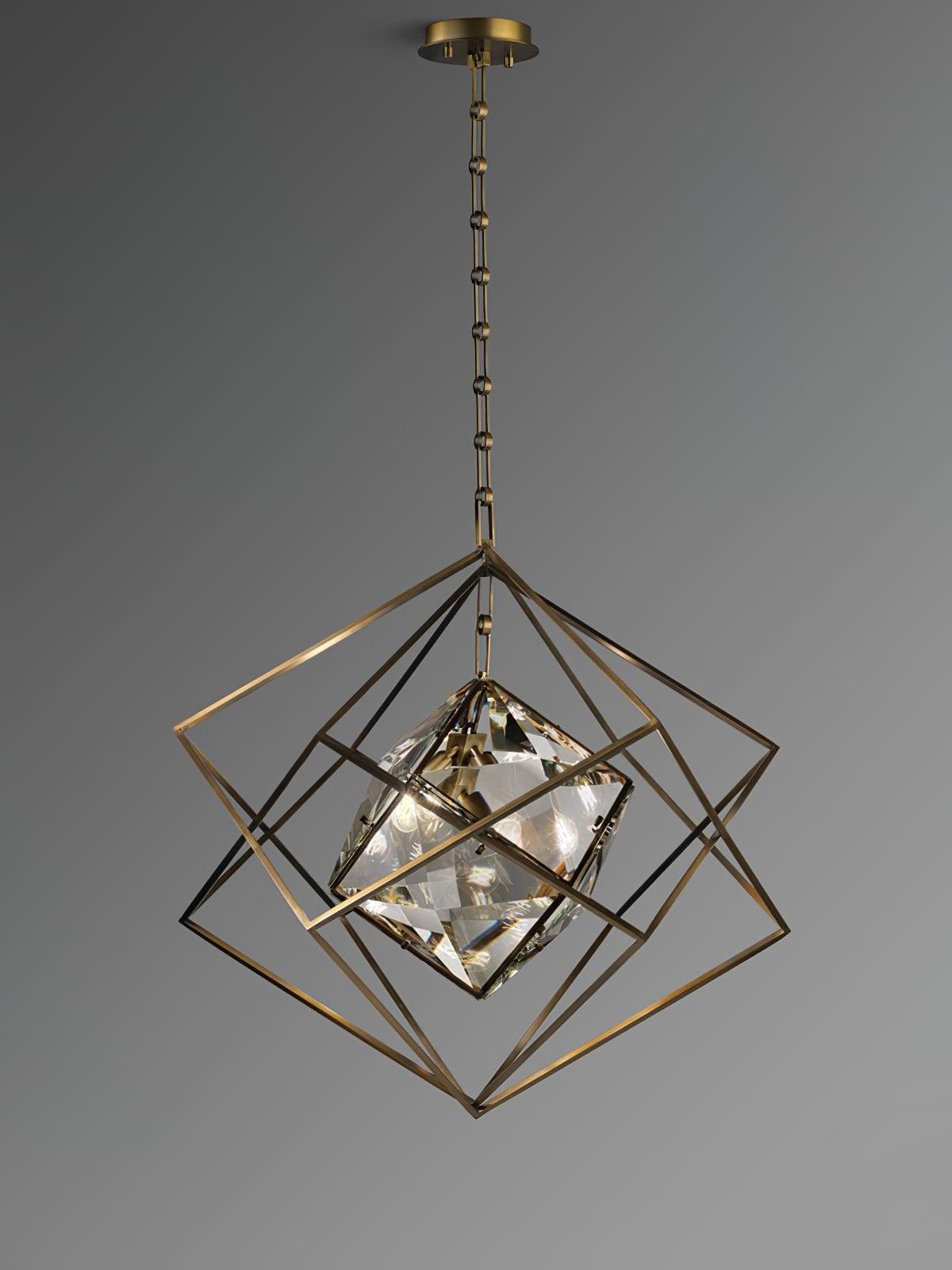 Epic geometric pendant showing its faceted inner shade, angular outer frame and round ceiling canopy