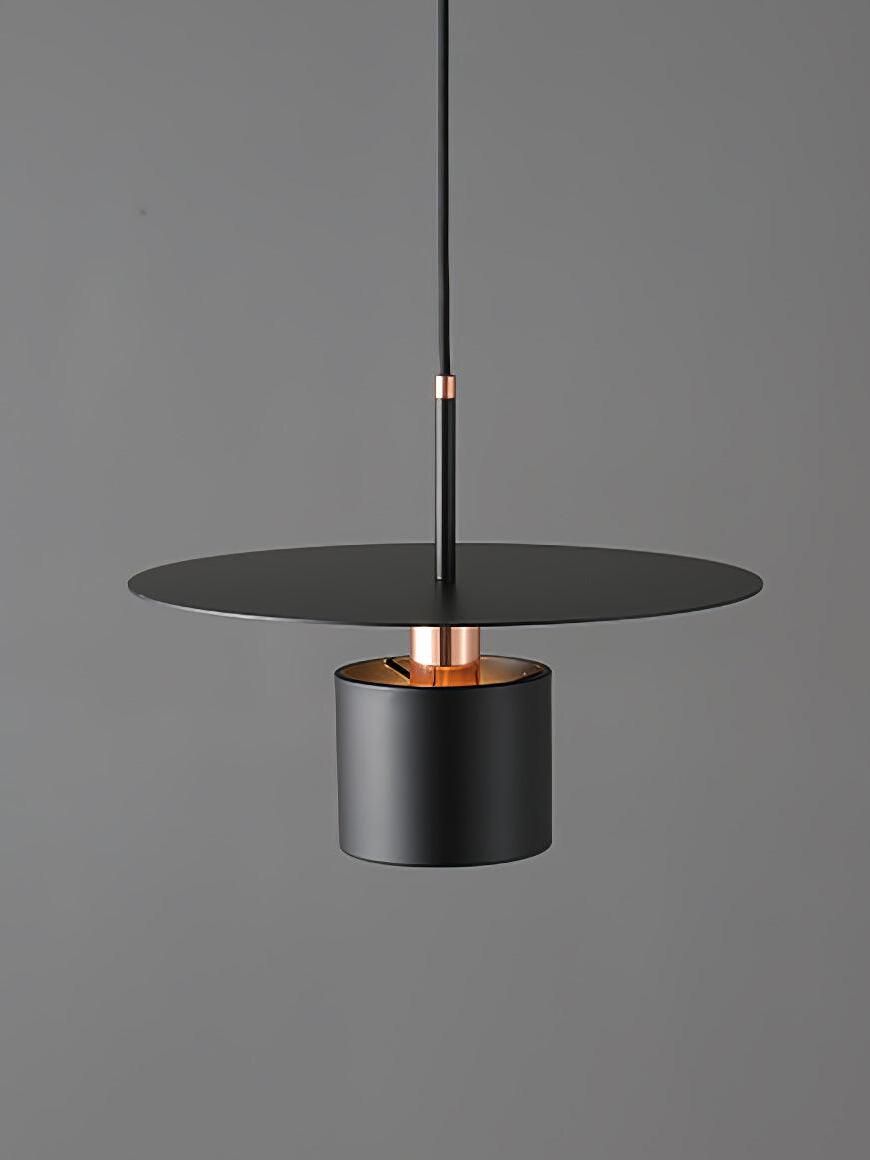 Black metal disc pendant viewed from below