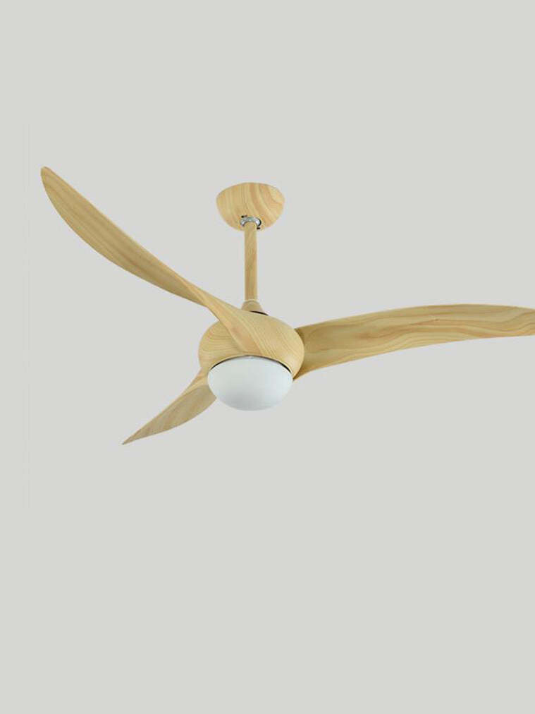 Light woodgrain-looking three curved blades with pale unlit round diffuser, matching rod and canopy against gray