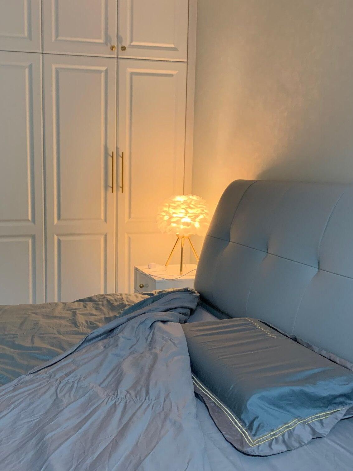 Warm lit feather lamp beside bed
