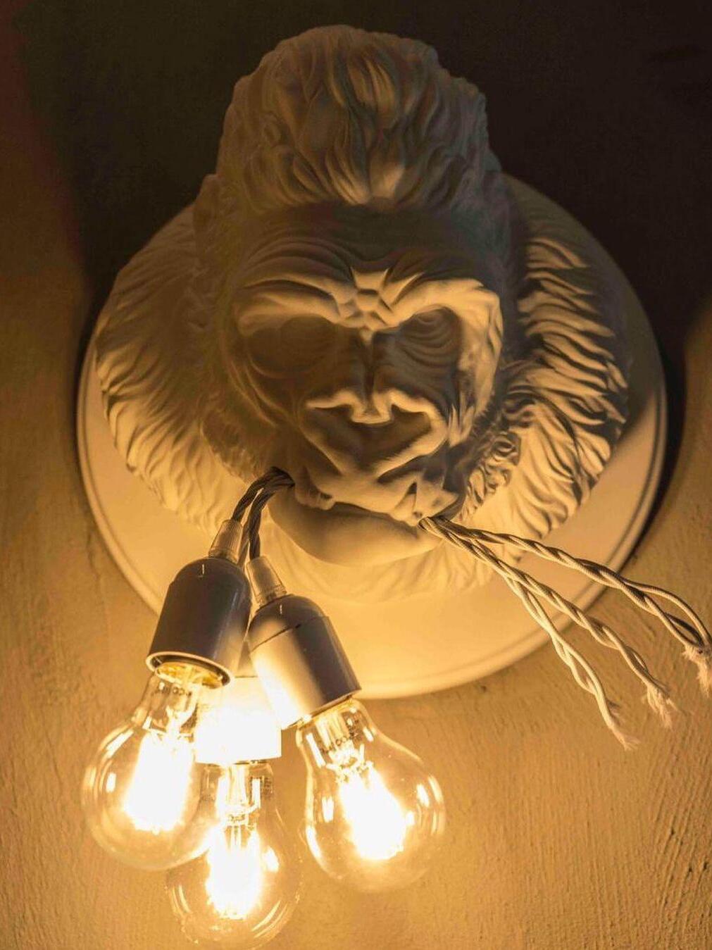 Warm-lit white gorilla face with round bulbs and loose pale jaw cords