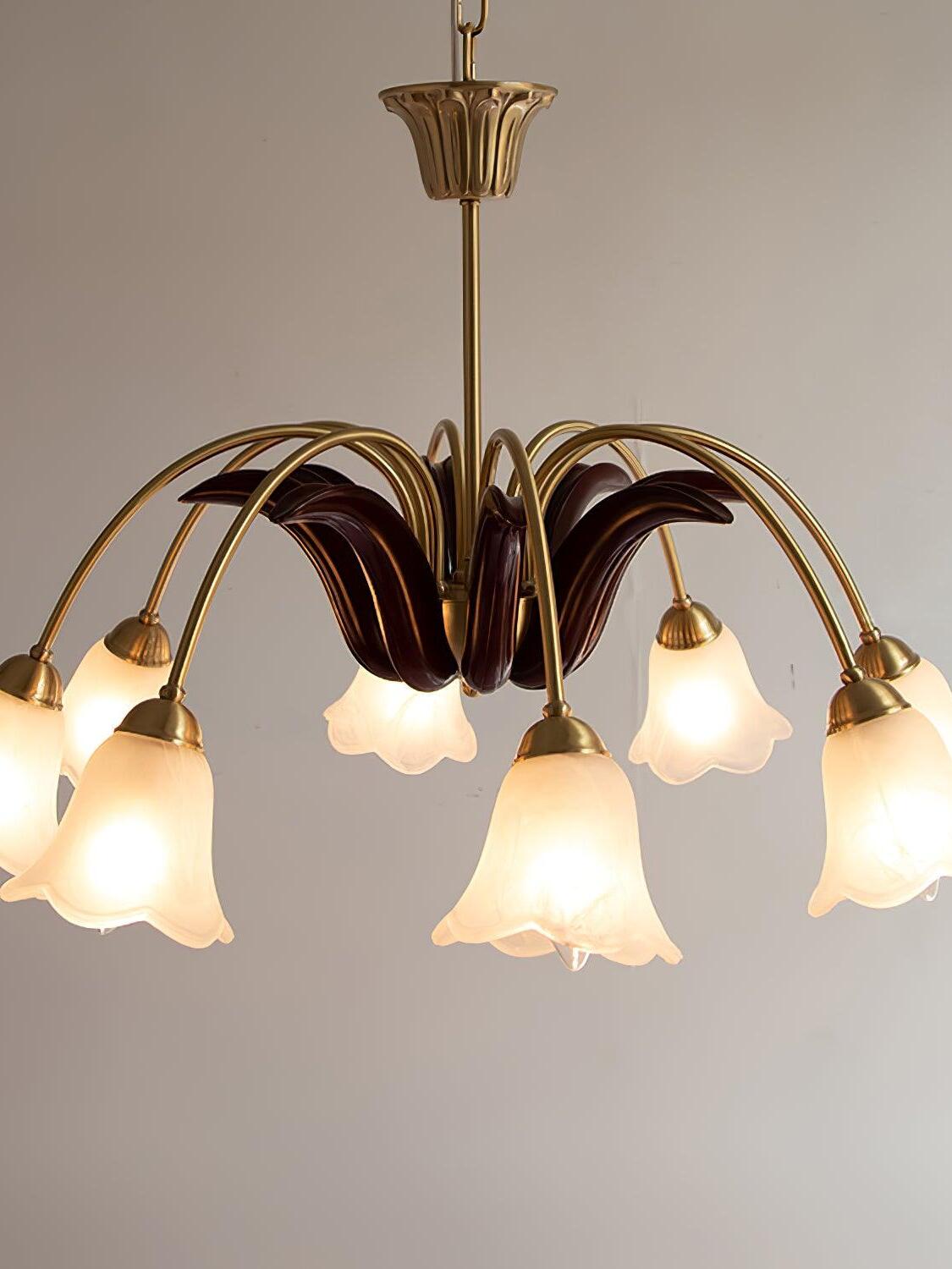 Eight-head floral glass chandelier with curved brass arms