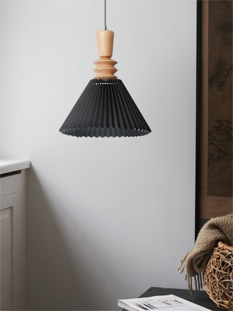 Black Takumi pendant with a tall tapered wood top and stacked rings