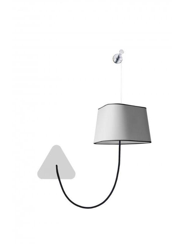 White tapered shade and triangular wall plate with a looped black cord