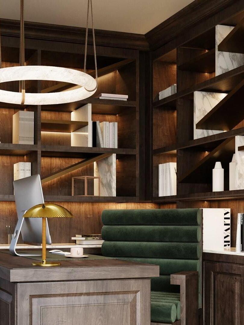 Alabaster ring pendant in a library interior