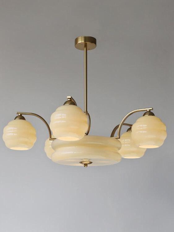 70 cm gold-finish chandelier with beige glass shades around a broad central bowl