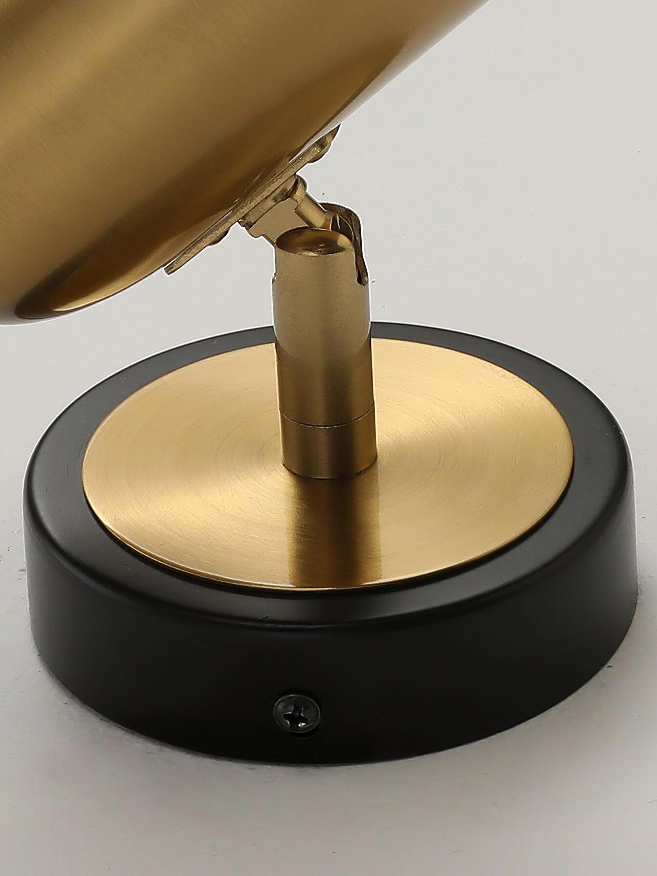 Gold arm and pivot on black-rimmed round wall plate