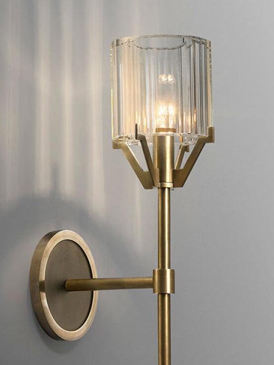 Gold shade supports and short arm beside a round plate